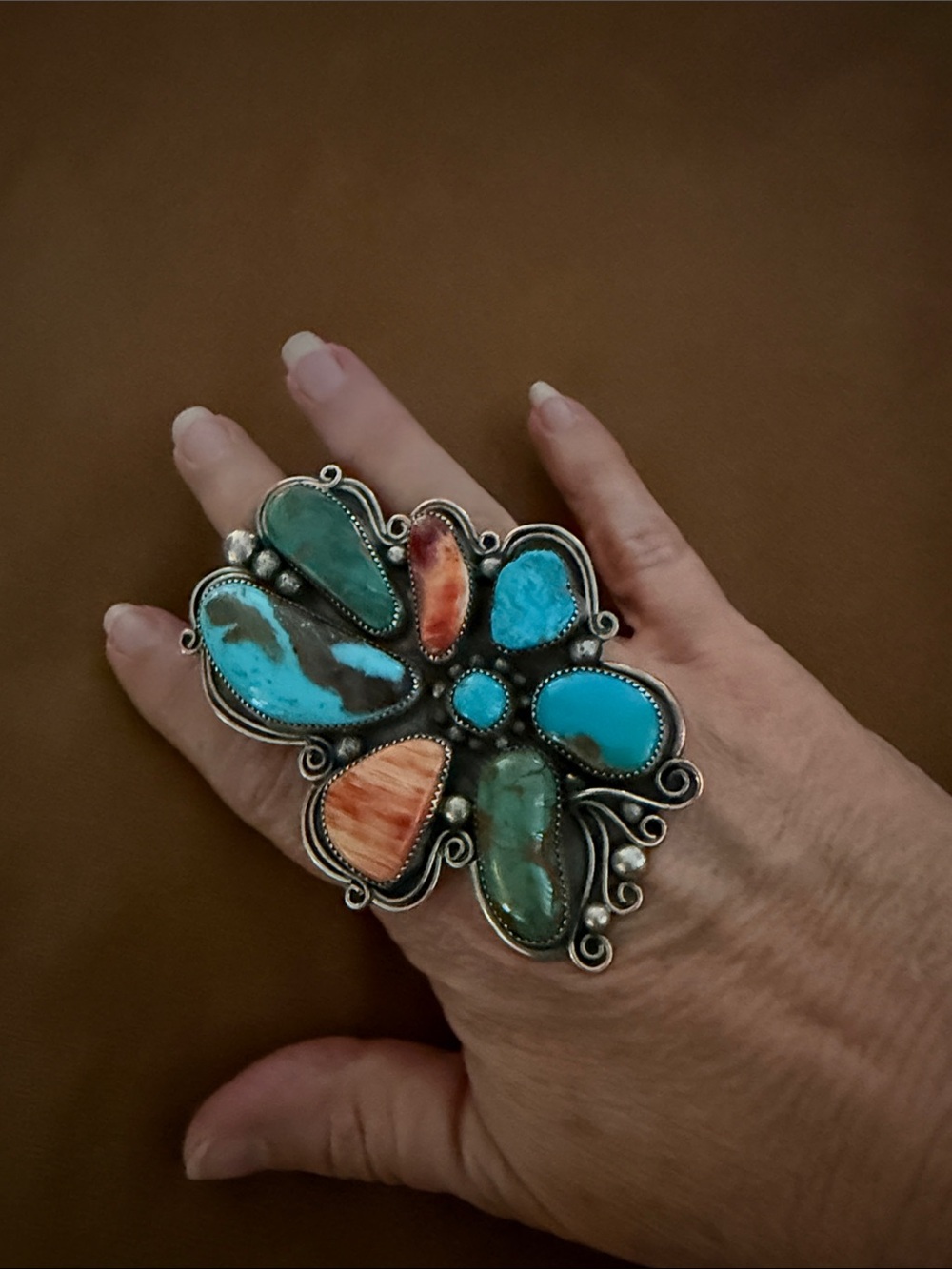 Vintage Southwestern Turquoise & Coral Floral Statement Ring 8.5